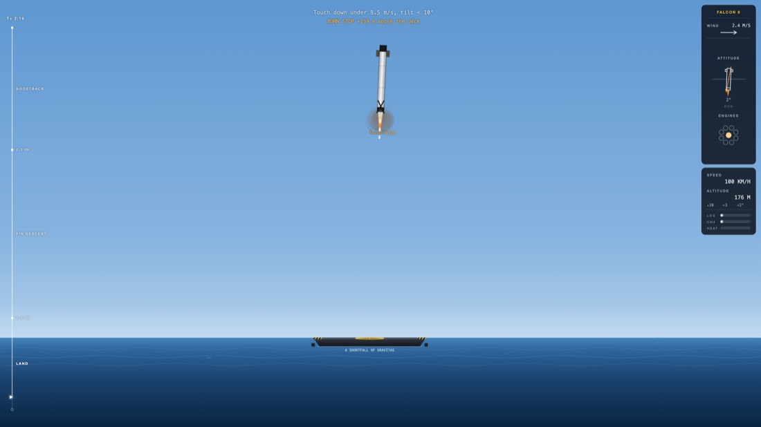 Falcon 9 booster firing its landing burn over the droneship in LANDING BURN, illustrating how SpaceX lands rockets