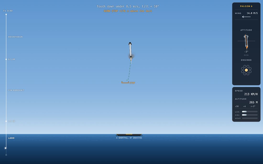 Falcon 9 booster firing its landing burn above the droneship in LANDING BURN, a free SpaceX rocket landing game for browser and mobile