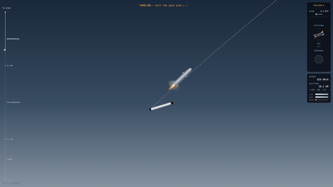 Stage separation during a launch in LANDING BURN, a free SpaceX-inspired rocket game