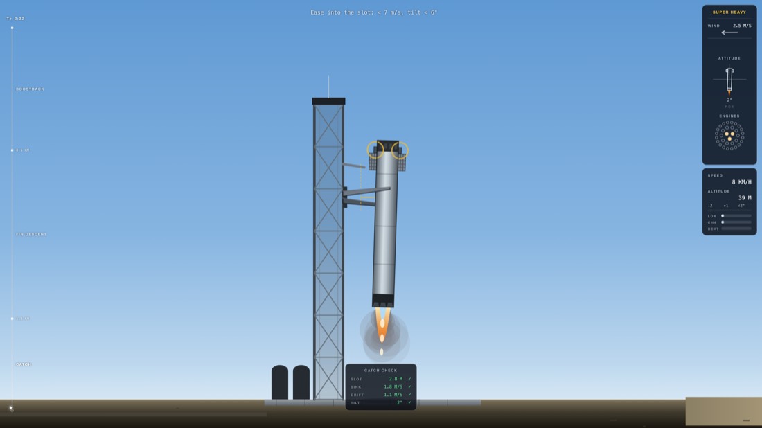 Super Heavy booster settling its catch pins onto the Mechazilla chopstick arms in LANDING BURN, a free browser game